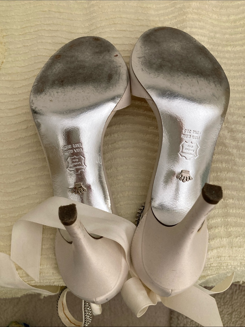 Nina White Satin Open-Toe Ankle Tie Heels with Rhinestone Strap - Picture 5 of 5